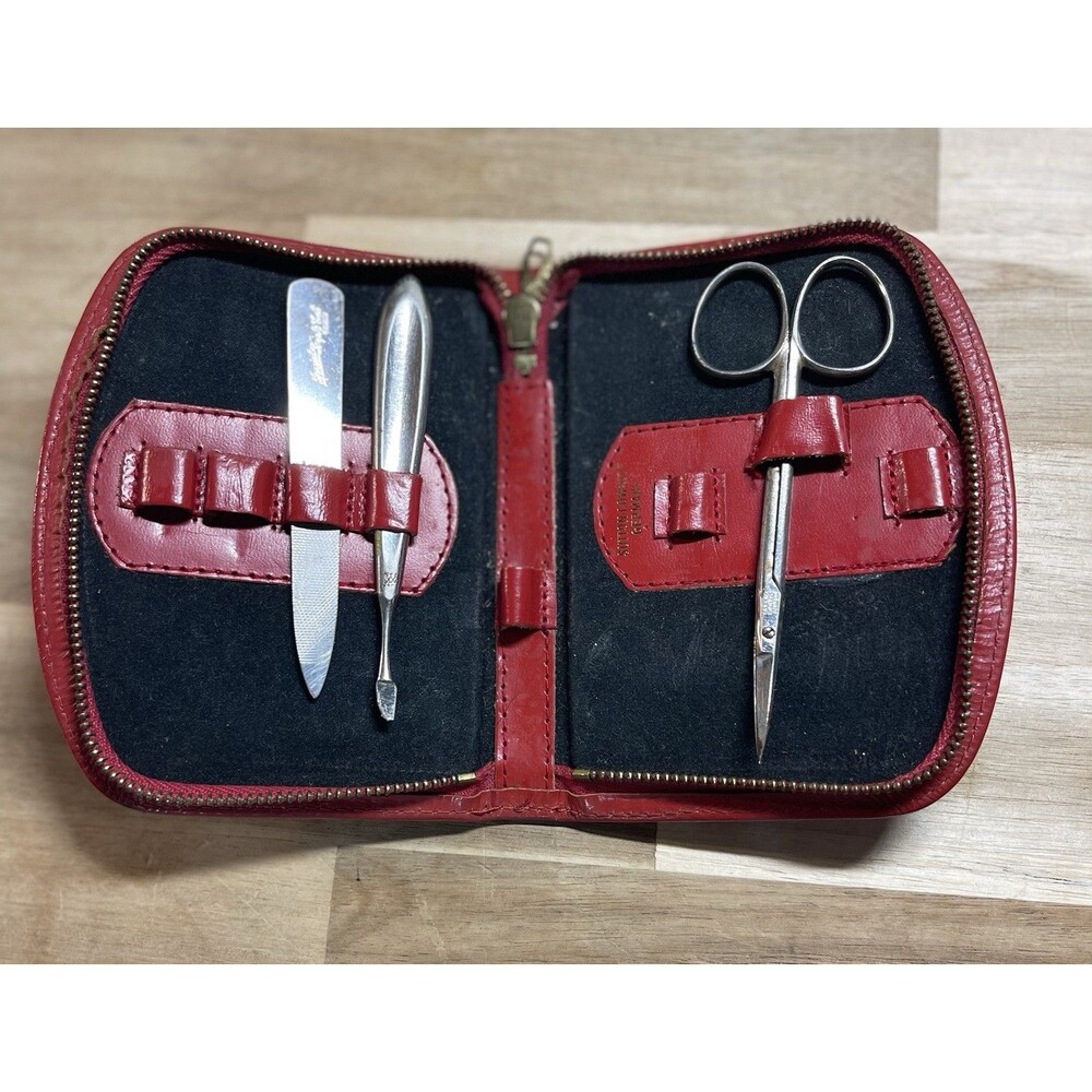 Vtg Mid Century German Manicure Set Red Cowhide Sutton Solingen Brass  DePe